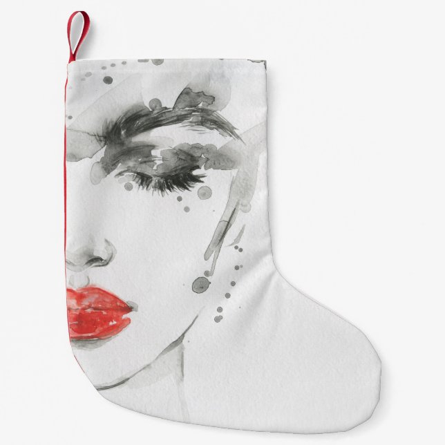 Meia De Natal Pequena Bela Aquarela: Ilustração Retrato Feminina (Frente)