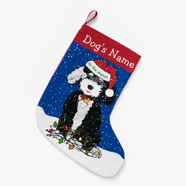 Meia De Natal Pequena Bernedoodle, Luzes de Natal Tangidas Personalizada (Frente (Pendurada))