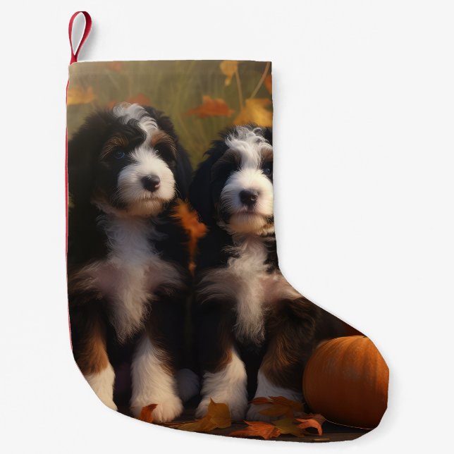 Meia De Natal Pequena Bernedoodle Puppy Autumn Delight Pumpkin (Frente)