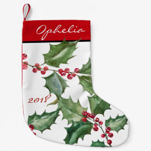 Meia De Natal Pequena Berrias Vermelhas e Holly das Aquarelas