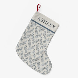 Meia De Natal Pequena Berries Sprig Padrão Azul Cream Nome Personalizado