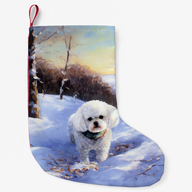 Meia De Natal Pequena Bichon Frise Deixe Nevar Natal (Frente)