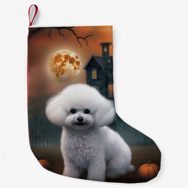 Meia De Natal Pequena Bichon Frise Halloween Scary (Frente)