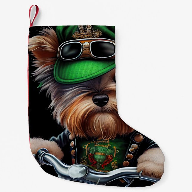 Meia De Natal Pequena Biewer Terrier Dog Dirigindo Ruas de bicicleta. Di (Frente)