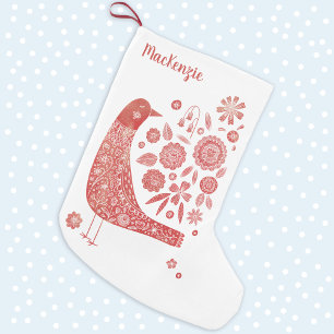 Meia De Natal Pequena Bird Folk Art Personalizada