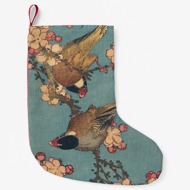 Meia De Natal Pequena Birds Flowers Hokusai Art Japonês (Frente)