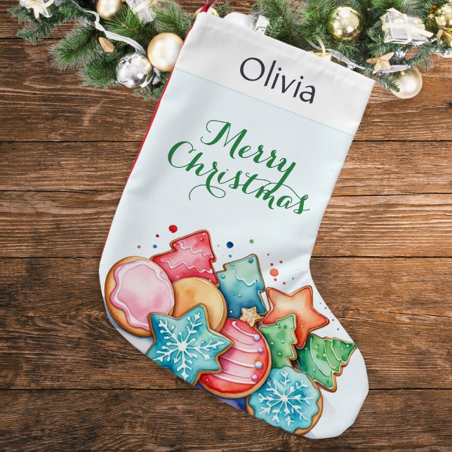Meia De Natal Pequena Biscoitos Fofos Presentes de Feriado Personalizado (A personalized Christmas stocking featuring colorful festive cookies in a watercolor style)