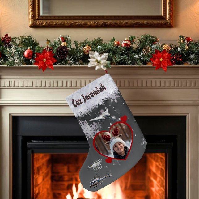 Meia De Natal Pequena Black Gray Jet Drone Aerial Flight Lovers Photo (Personalized name and photo stocking for kids who like aeronautics with jet, drone, and helicopter)