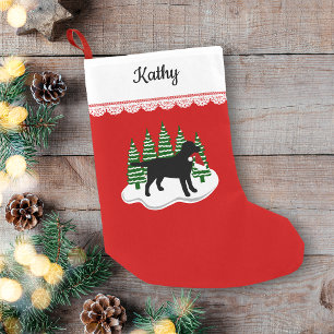Meia De Natal Pequena Black Labrador Christmas Evergreen Trees