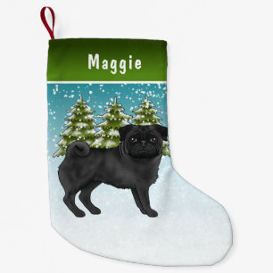 Meia De Natal Pequena Black Pug Cute Cartoon Dog Snowy Winter Forest