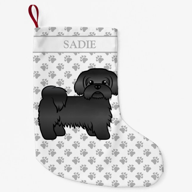Meia De Natal Pequena Black Shih Tzu Cute Cartoon Dog & Name (Frente)