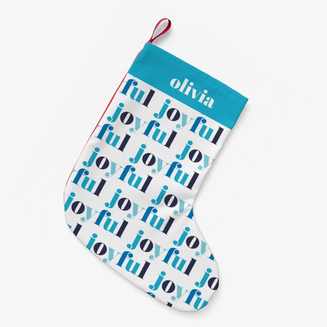 Meia De Natal Pequena Blue de inverno "Joyful" personalizado (Frente (Pendurada))