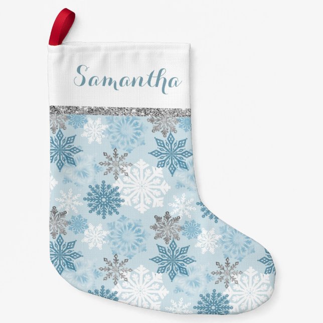 Meia De Natal Pequena Blue E Prata De Inverno Personalizados (Frente)