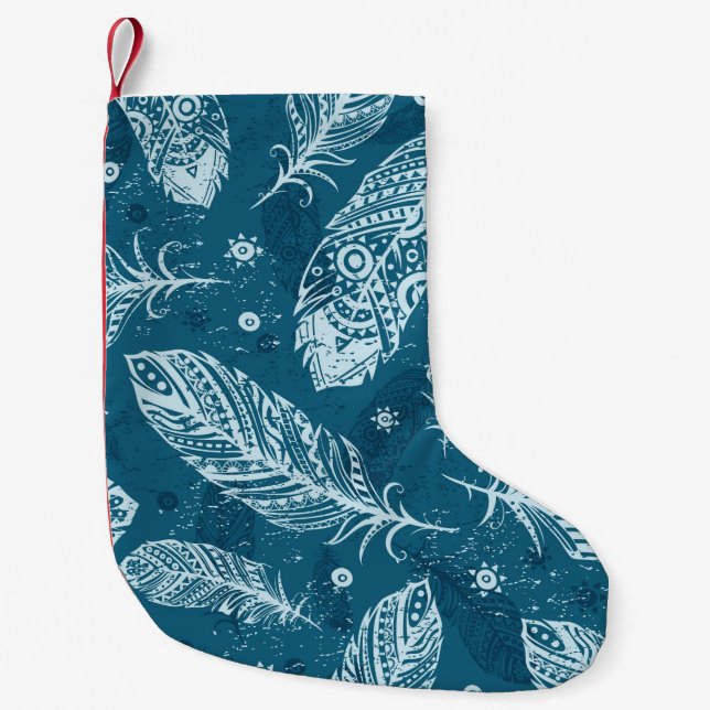 Meia De Natal Pequena Blue vintage feather pattern (Frente)