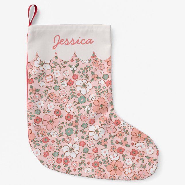 Meia De Natal Pequena Blush Pink Ditsy Floral Personalizado (Frente)