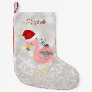 Meia De Natal Pequena Boho Pink Flamingo Com Santa Hat, Glittery Bokeh