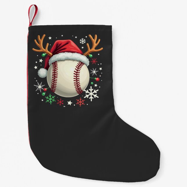 Meia De Natal Pequena Bola de Baseball com Cavalos de Reindeer e Natal (Frente)