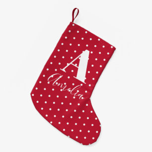 Meia De Natal Pequena Bolinhas Monograma de Nome Vermelho Duplo