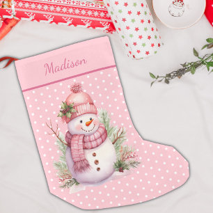 Meia De Natal Pequena Bolinhas Rosa Snowman - Parada de Natal Personaliz