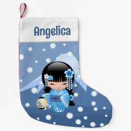 Meia De Natal Pequena Boneca de inverno Kokeshi - Garota Geisha Blue Mou