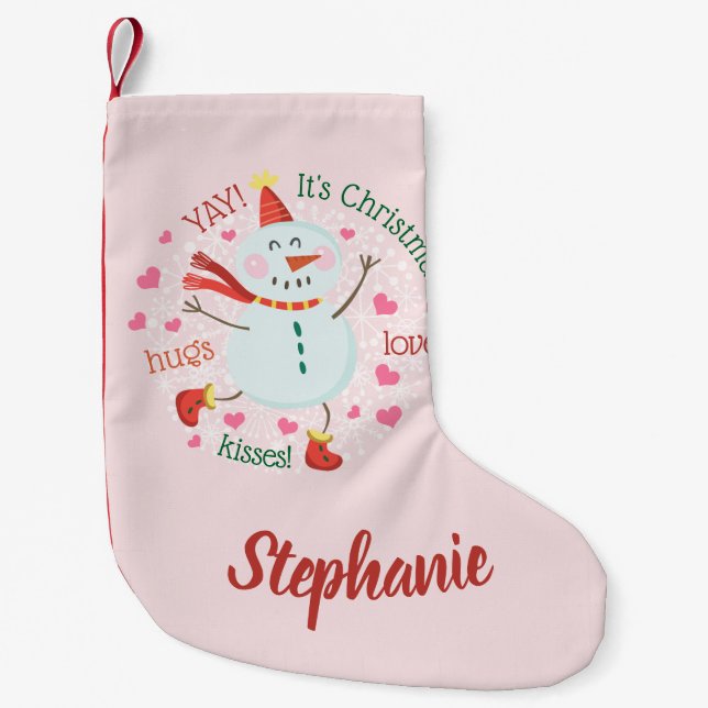 Meia De Natal Pequena Boneco de Neve Feliz Natal Rosa (Frente)