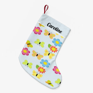 Meia De Natal Pequena Borboletas de nome personalizado e padrão azul de