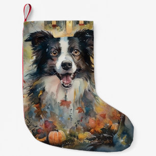Meia De Natal Pequena Border Collie de Halloween com Abóboras Assustador