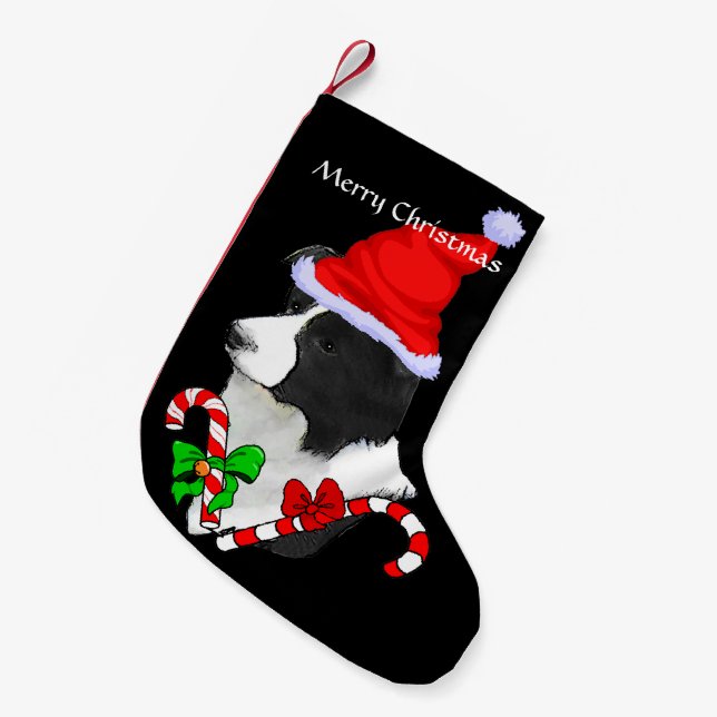 Meia De Natal Pequena Border Collie Santa Hat Natal (Frente (Pendurada))