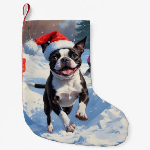 Meia De Natal Pequena Boston Terrier Cena de Natal Festivo na Neve