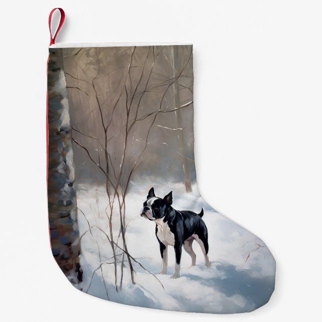 Meia De Natal Pequena Boston Terrier Deixe Nevar Natal (Frente)