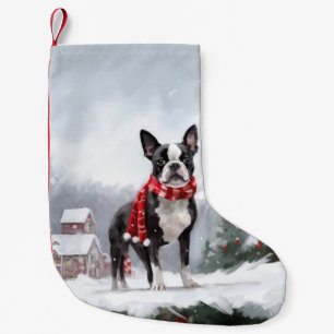 Meia De Natal Pequena Boston Terrier Dog no Natal da neve