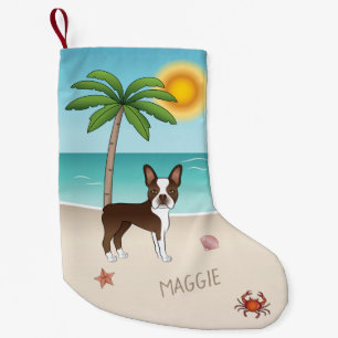 Meia De Natal Pequena Boston Terrier Marrom em uma Praia Tropical de Ver