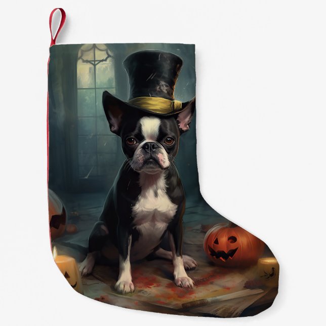 Meia De Natal Pequena Boston Terrier Pumpkins Halloween Assustado (Frente)