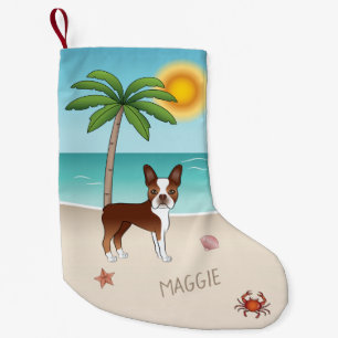 Meia De Natal Pequena Boston Terrier Vermelho em uma Praia Tropical de V
