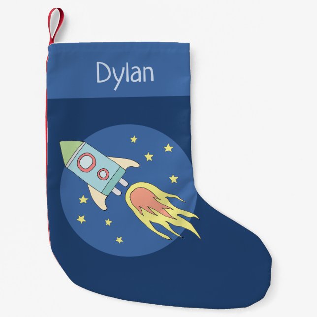 Meia De Natal Pequena Boys Cute Rocket Ship Space and Name (Frente)
