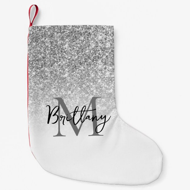 Meia De Natal Pequena Branco com Glitter Prateado Monograma (Frente)