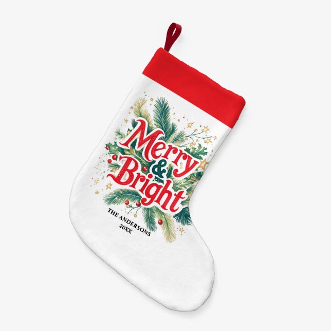 Meia De Natal Pequena Branco vermelho Xmas simples e limpo (Frente (Pendurada))