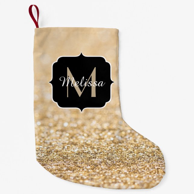 Meia De Natal Pequena Brilho falso dourado champanhe Monograma (Frente)