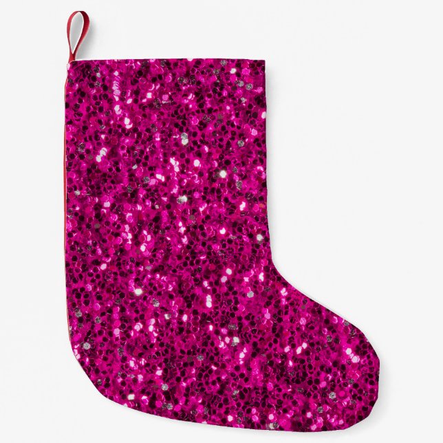 Meia De Natal Pequena Brilho falso rosa quente (Frente)