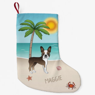 Meia De Natal Pequena Brindle Boston Terrier Em Uma Praia Tropical De Ve