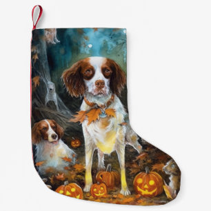 Meia De Natal Pequena Brittany Spaniel de Halloween com Abóboras Assusta