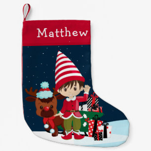 Meia De Natal Pequena Brunette Elf Boy com Rudolph