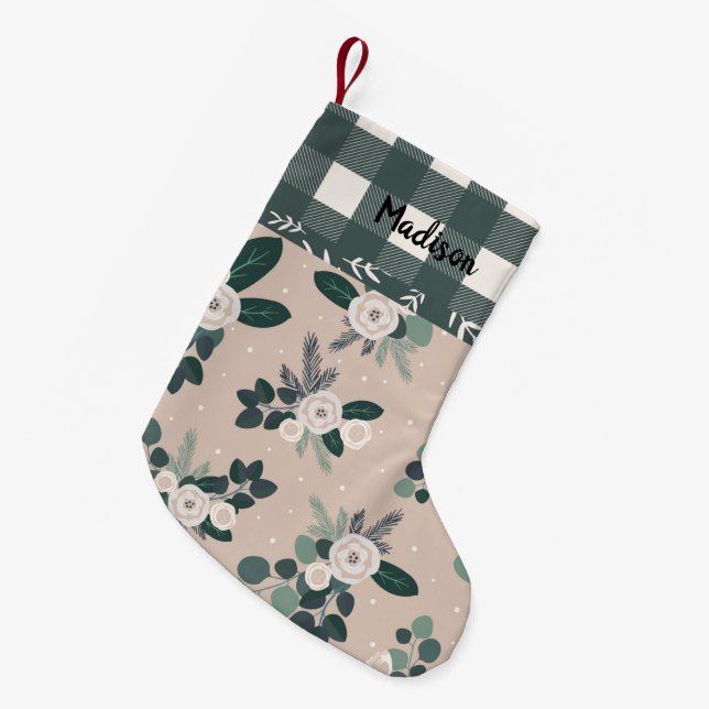 Meia De Natal Pequena Buffalo Check Gingham Nome Hunter Green Floral (Frente (Pendurada))