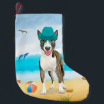 Meia De Natal Pequena Bull Terrier Dog na praia<br><div class="desc">Um cachorro bonito sentado na praia é uma ideia perfeita para alguém que ama essa raça de cachorro.</div>
