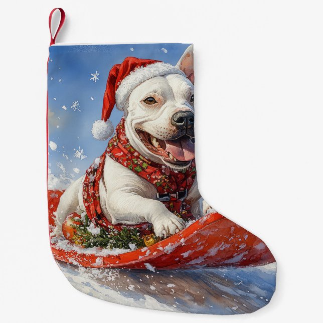 Meia De Natal Pequena Bull Terrier Dog Sledge Deixe nevar Natal (Frente)