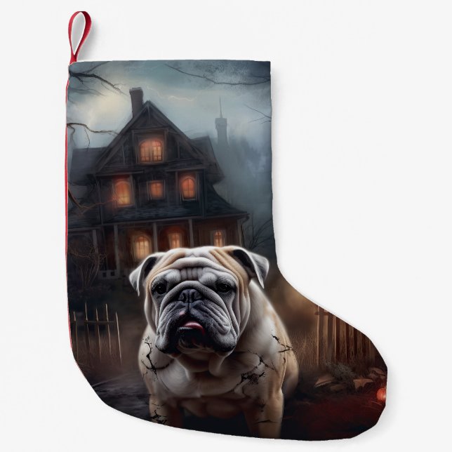 Meia De Natal Pequena Bulldog Halloween Scary (Frente)