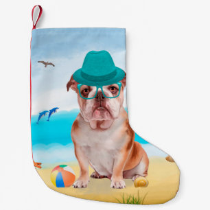 Meia De Natal Pequena Bulldog Inglês na Praia
