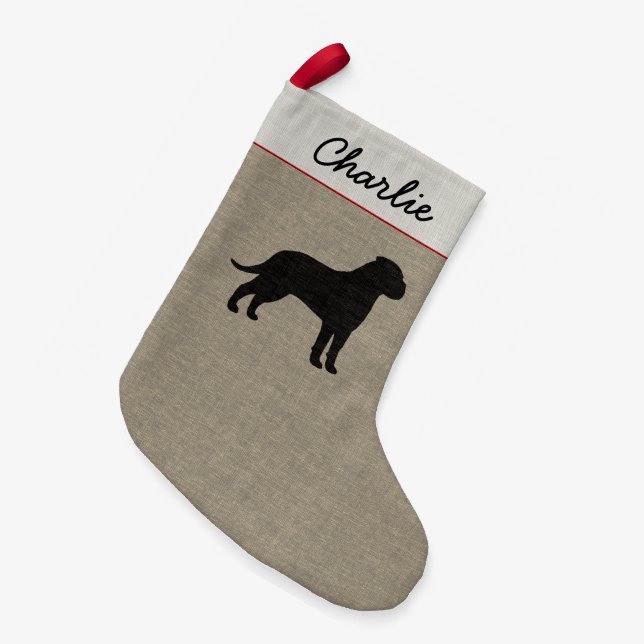 Meia De Natal Pequena Bullmastiff Dog Silhouette Faux Linen Holiday (Frente (Pendurada))