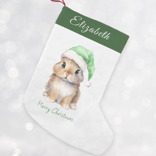 Meia De Natal Pequena Bunny in Green Santas Hat Personalizado