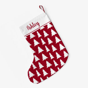 Meia De Natal Pequena Burgundy White Christmas Tree Patterno Seu Nome